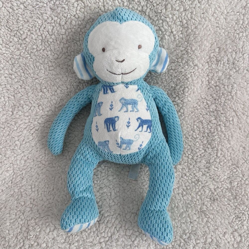 Bunnies By The Bay Monkey Plush Blue Teal Stripe Textured Soft Baby Toy 13"